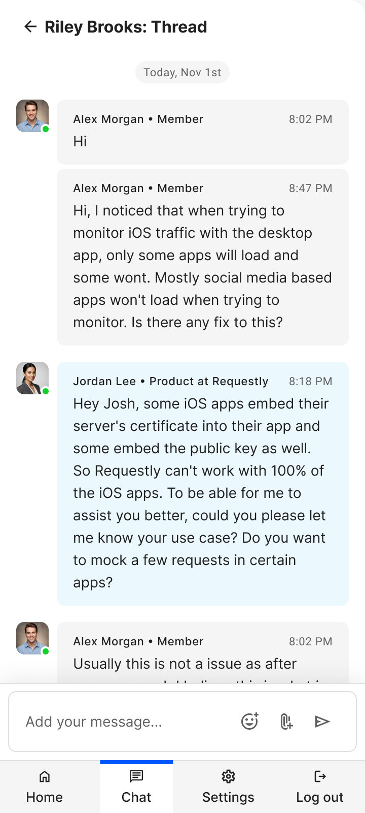 Message thread in the Saturn mobile admin experience